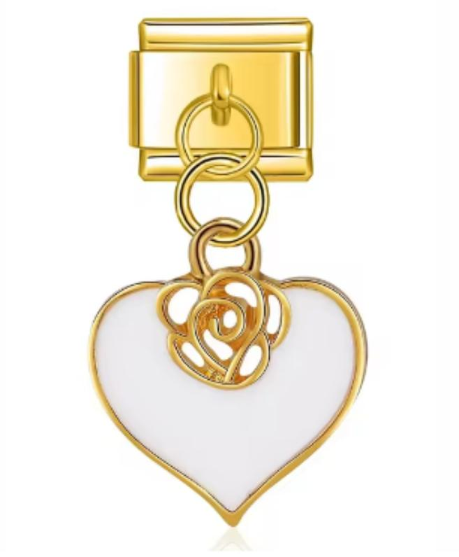 Charm Italiano Dorado Corazón Con Rosa Blanco
