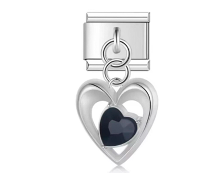 Charm Italiano Corazón Plateado y Piedra Negra