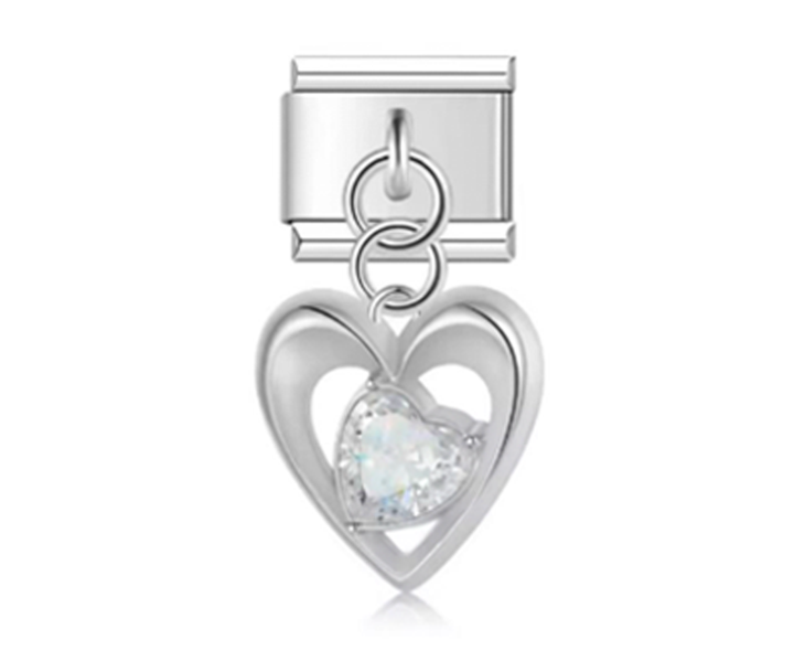 Charm Italiano Corazón Plateado y Piedra Blanca