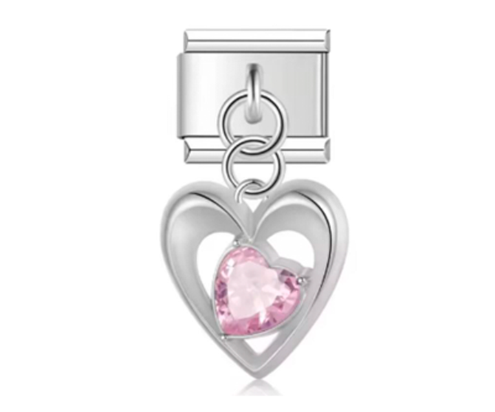 Charm Italiano Corazón Plateado y Piedra Rosa
