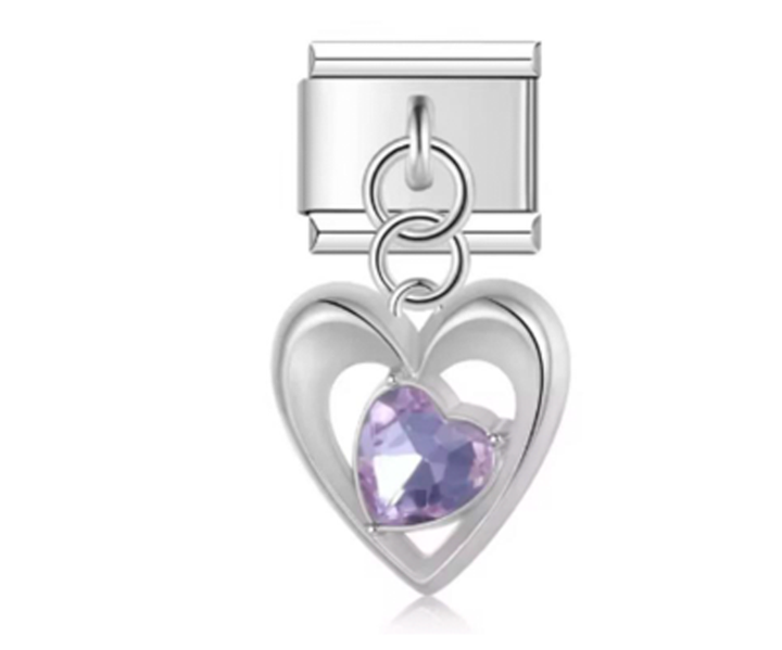 Charm Italiano Corazón Plateado y Piedra Morada