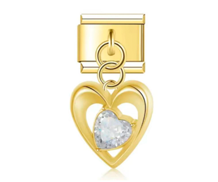 Charm Italiano Corazón Dorado y Piedra Blanca