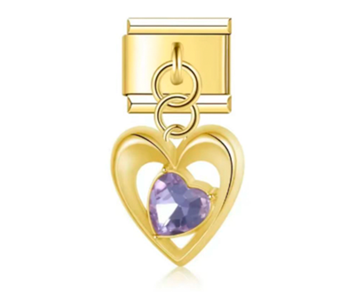 Charm Italiano Corazon Dorado Y Piedra Morado