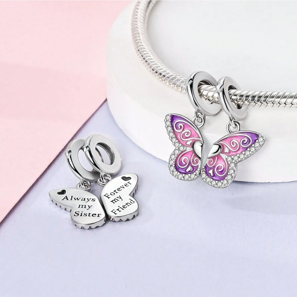 Charm Mariposa Rosa y Corazón Liso