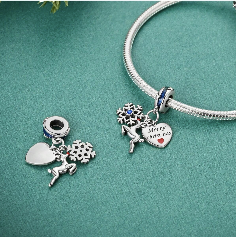Charm Copo de Nieve, Venado y Corazón "Merry Christmas"