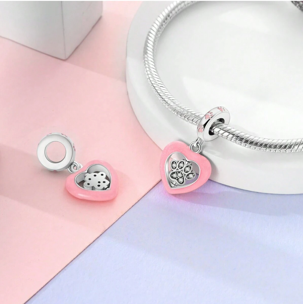 Charm Corazón Rosa y Huella de Cristal