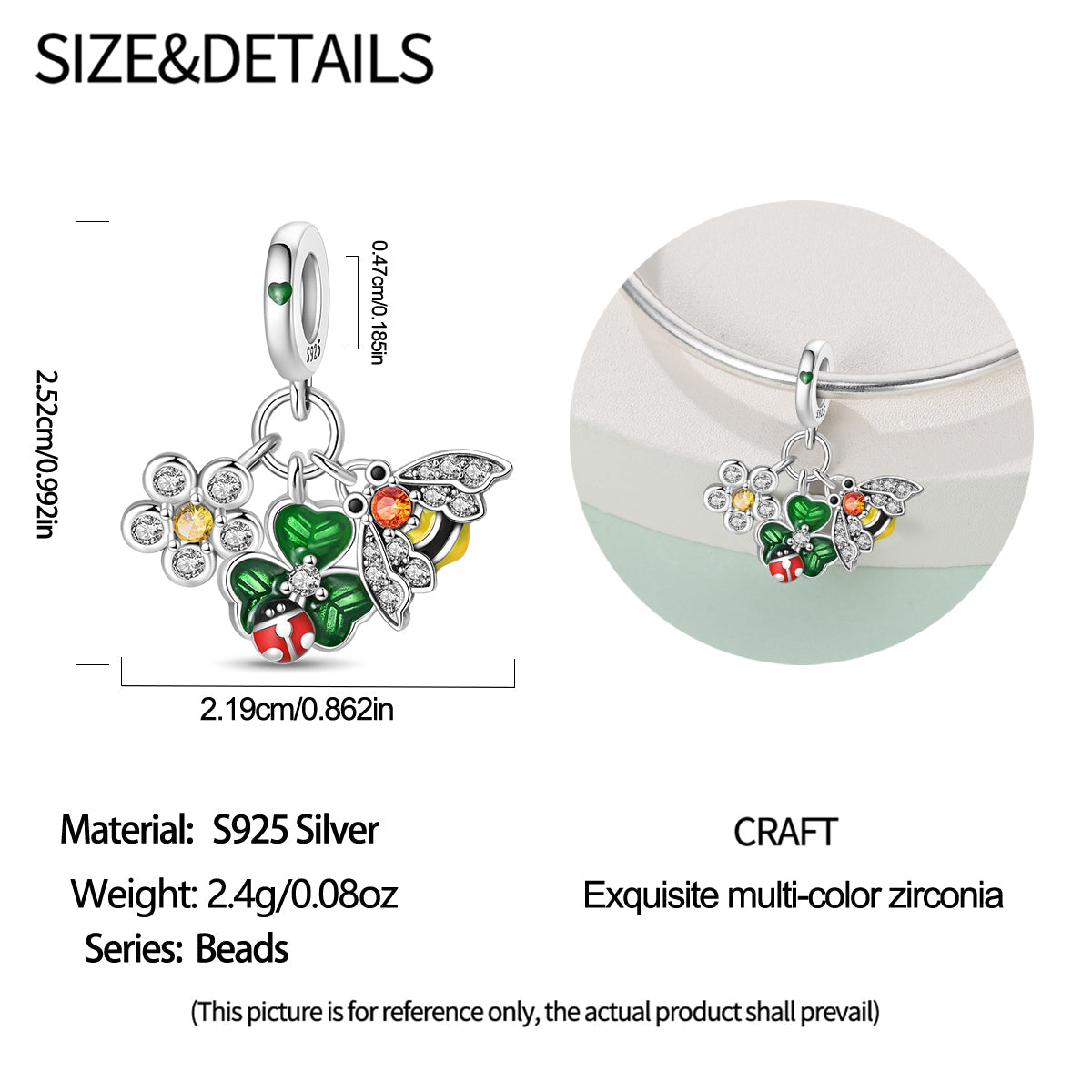 Charm Colgante Abeja, Flor & Trébol