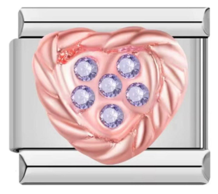 Charm Italiano Corazón Rosa & Piedras Moradas