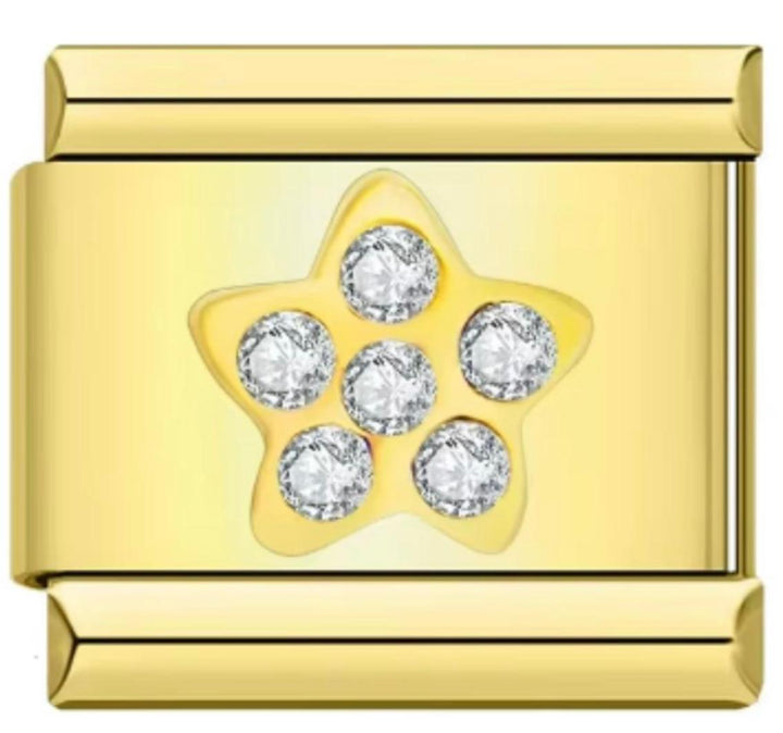 Charm Italiano Dorado, Flor Dorada & Piedras Plateadas