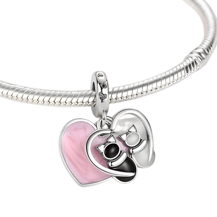 Charm Corazon Rosa "Gatito Negro & Gatito Blanco"