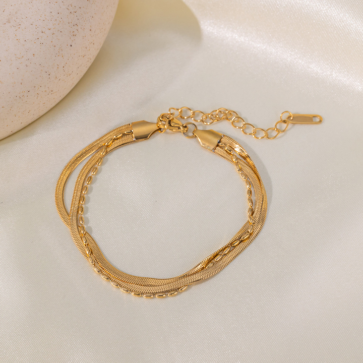 Brazalete Doble Cadena Serpiente Dorada  & Ball Chain
