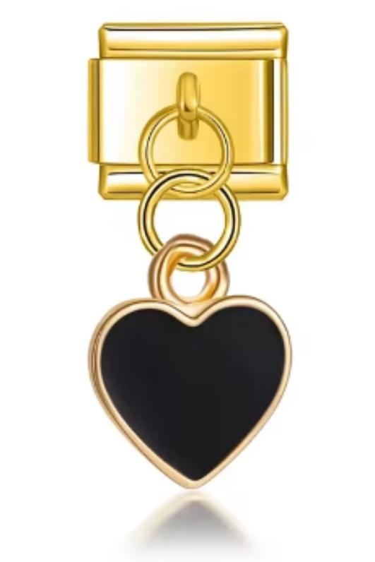 Charm Italiano Dorado Corazon Negro Colgante