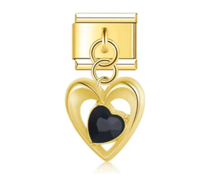 Charm Italiano Corazón Dorado y Piedra Negro