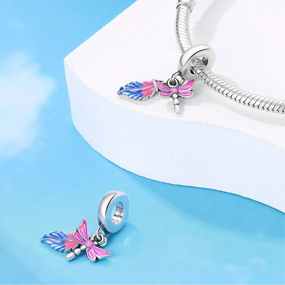 Charm Libelula Rosa & Pluma Azul