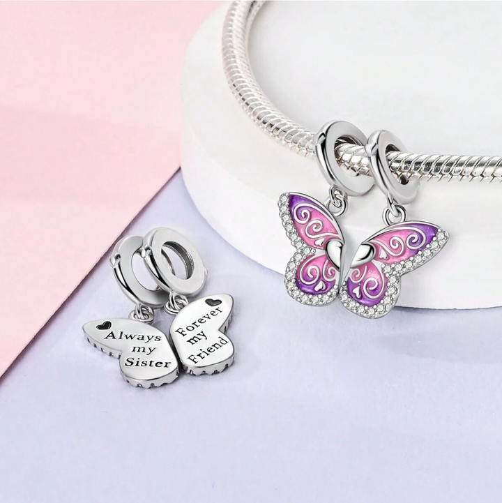 Charm Mariposa Rosa y Corazón Liso