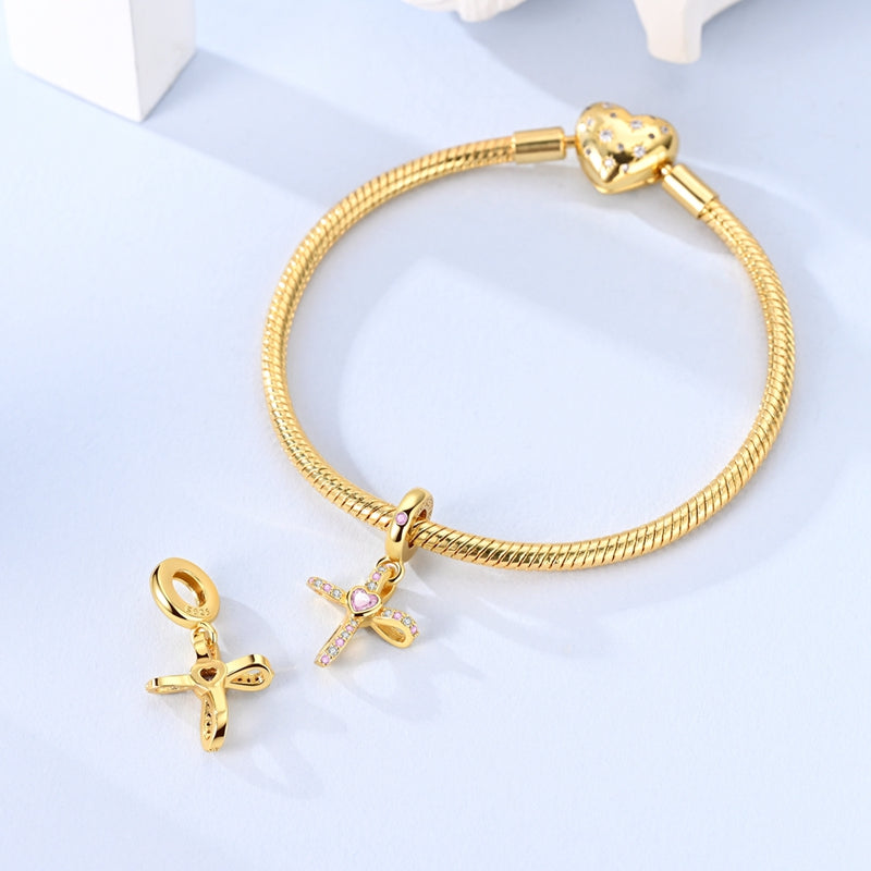 Charm Cruz Dorada Con Rosa