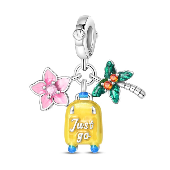 Charm Flor Rosa, Maleta y Palmera "Just Go"