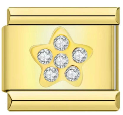 Charm Italiano Dorado, Flor Dorada & Piedras Plateadas