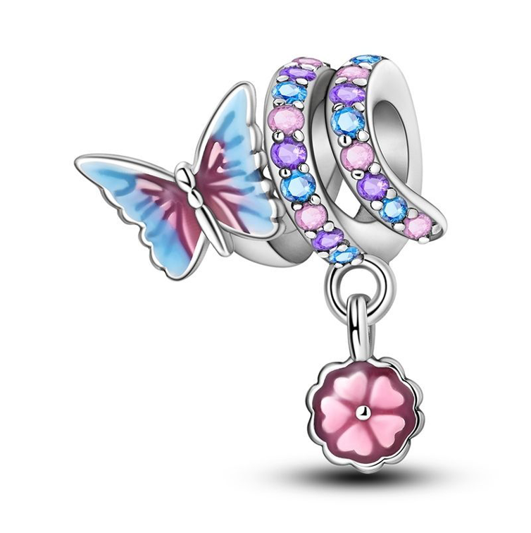 Charm Mariposa de Espiral y Trébol Rosa