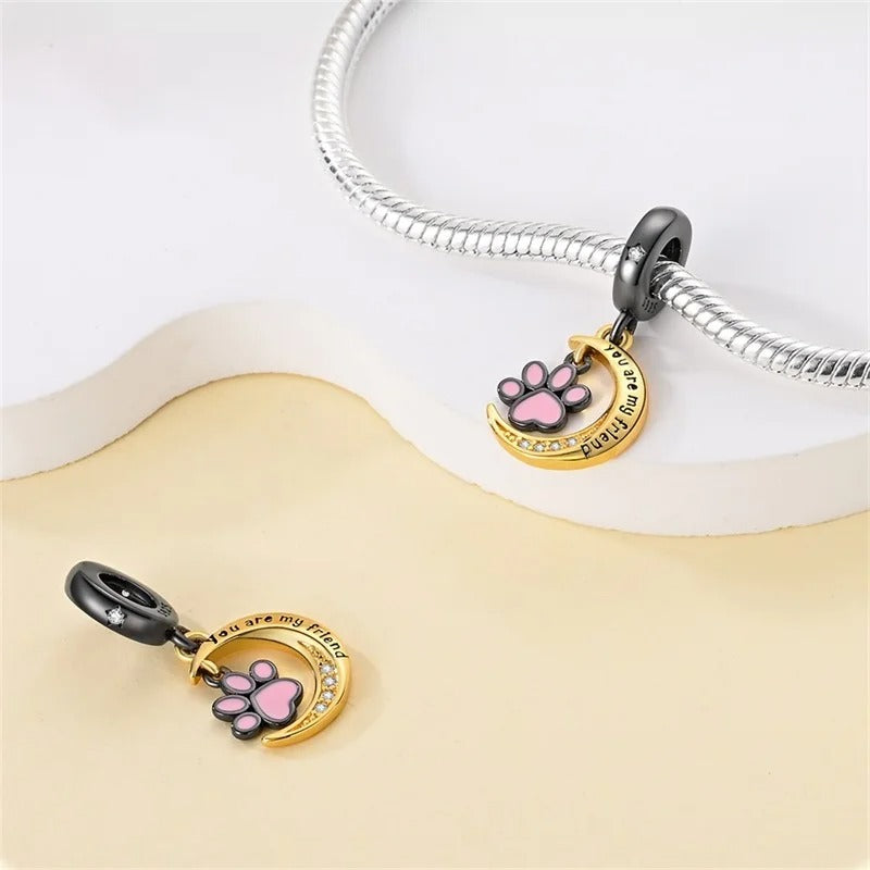 Charm Huella de Felino y Luna Dorada "You Are My Friend"