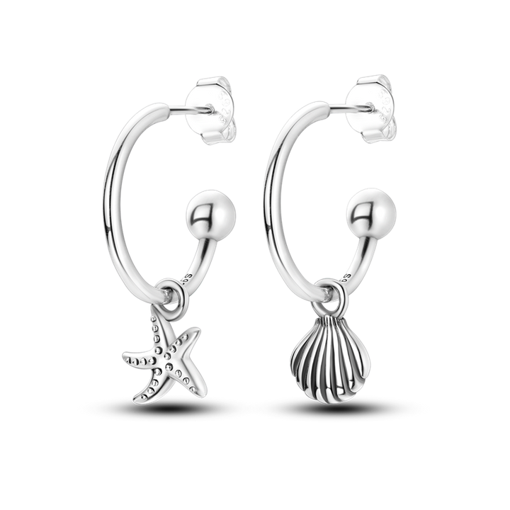 Aretes Estrella y Concha de Mar Plateados