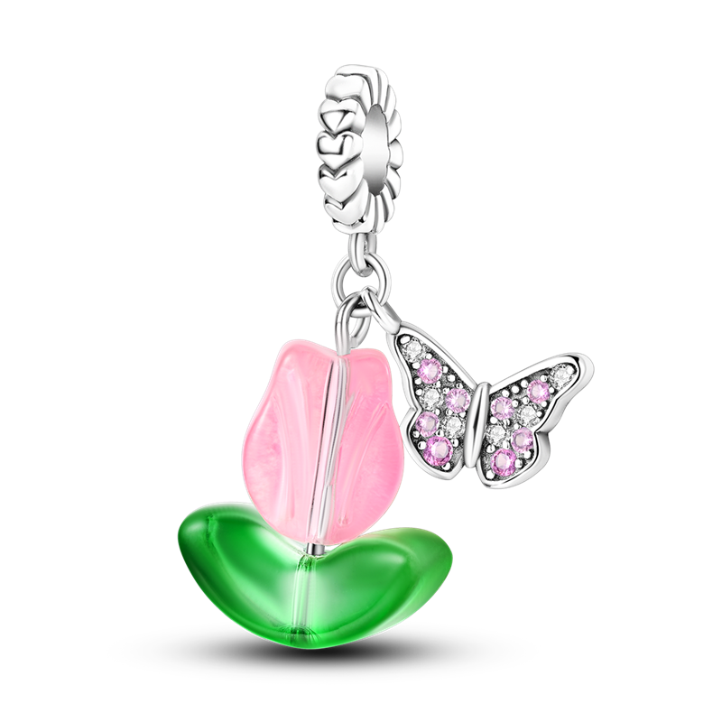 Charm Tulipan Rosa & Mariposa Diamantada