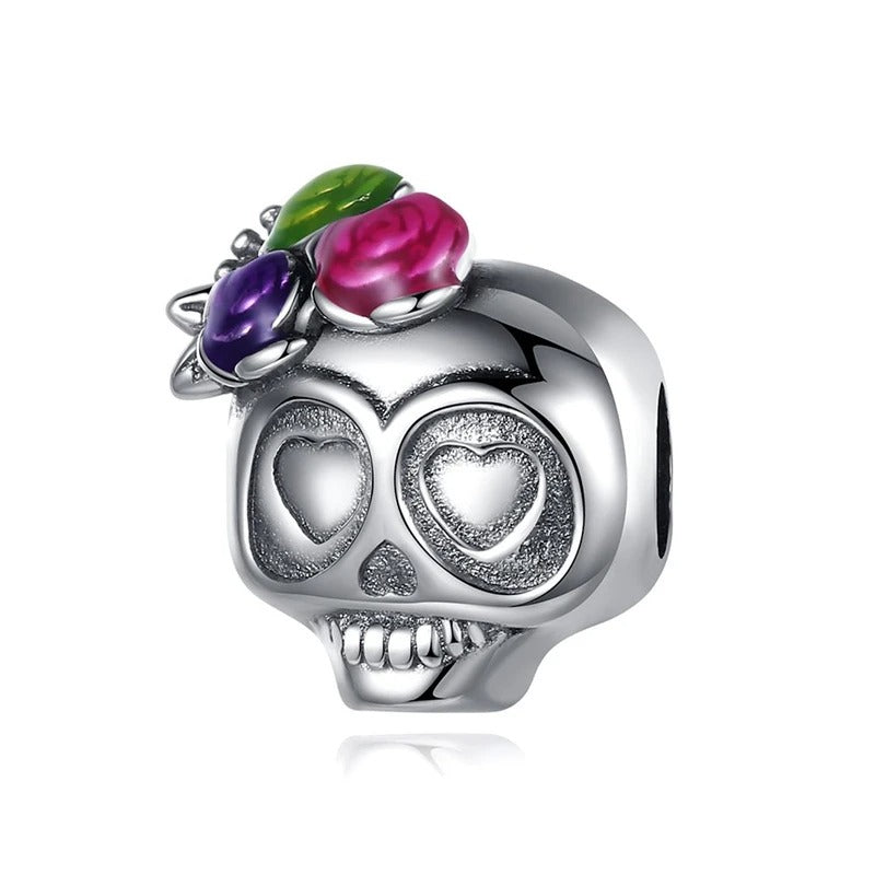 Charm Calavera Con Flores Plateada