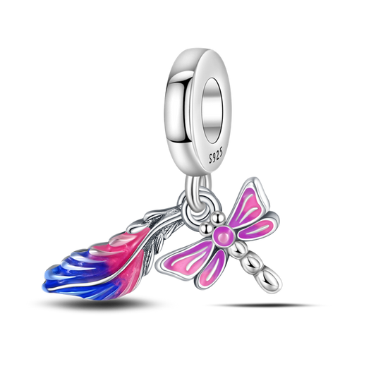 Charm Libelula Rosa & Pluma Azul